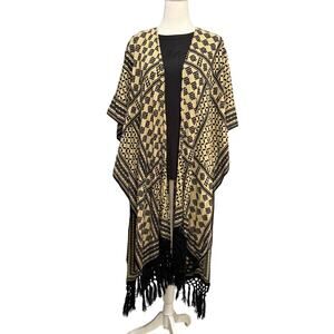 Extra Touch Women’s Duster Kimono Fringe Hem Open Front 1X/2X Black Tan Boho